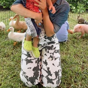 Cow print flare wide leg jeans